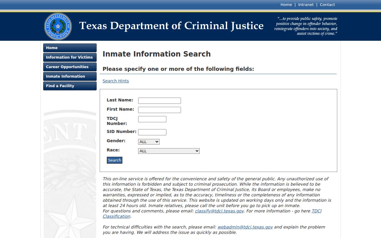 TDCJ inmate search for Scurry County criminal custody records