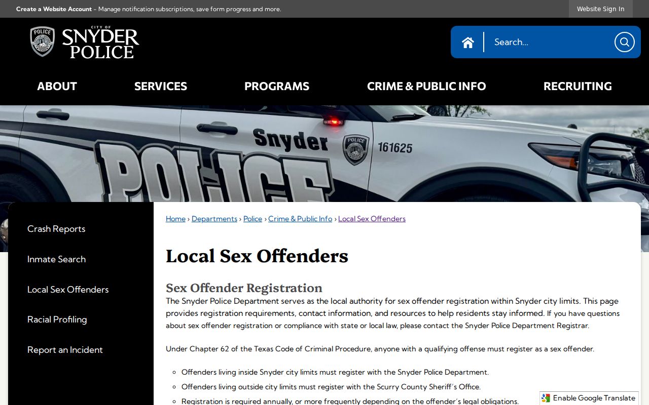 Snyder local sex offender information for Scurry County registry searches