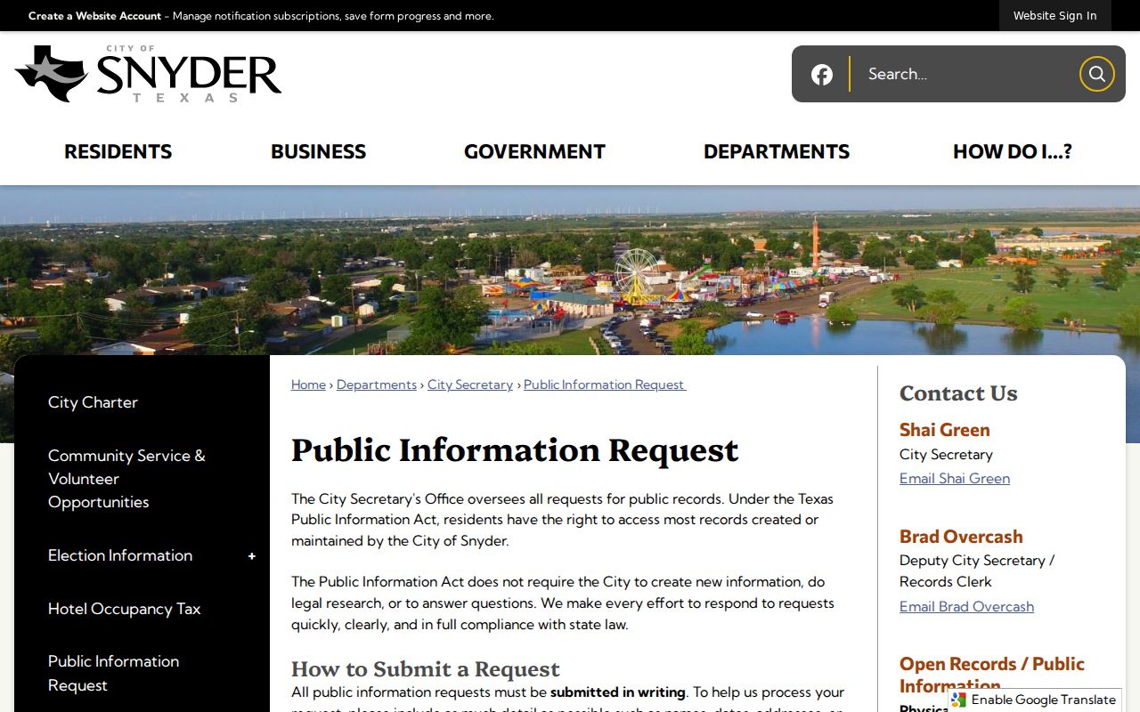 Snyder criminal records public information request page